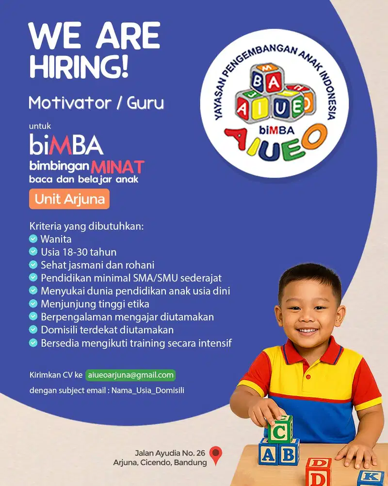 Lowongan Motivator / Guru biMBA AIUEO Unit Arjuna Bandung