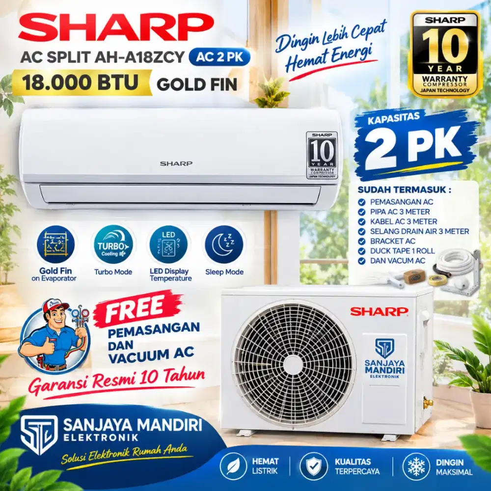 FREE PASANG! SHARP AC Split 2 PK STANDAR ZCY Series JetCool Gold Fin