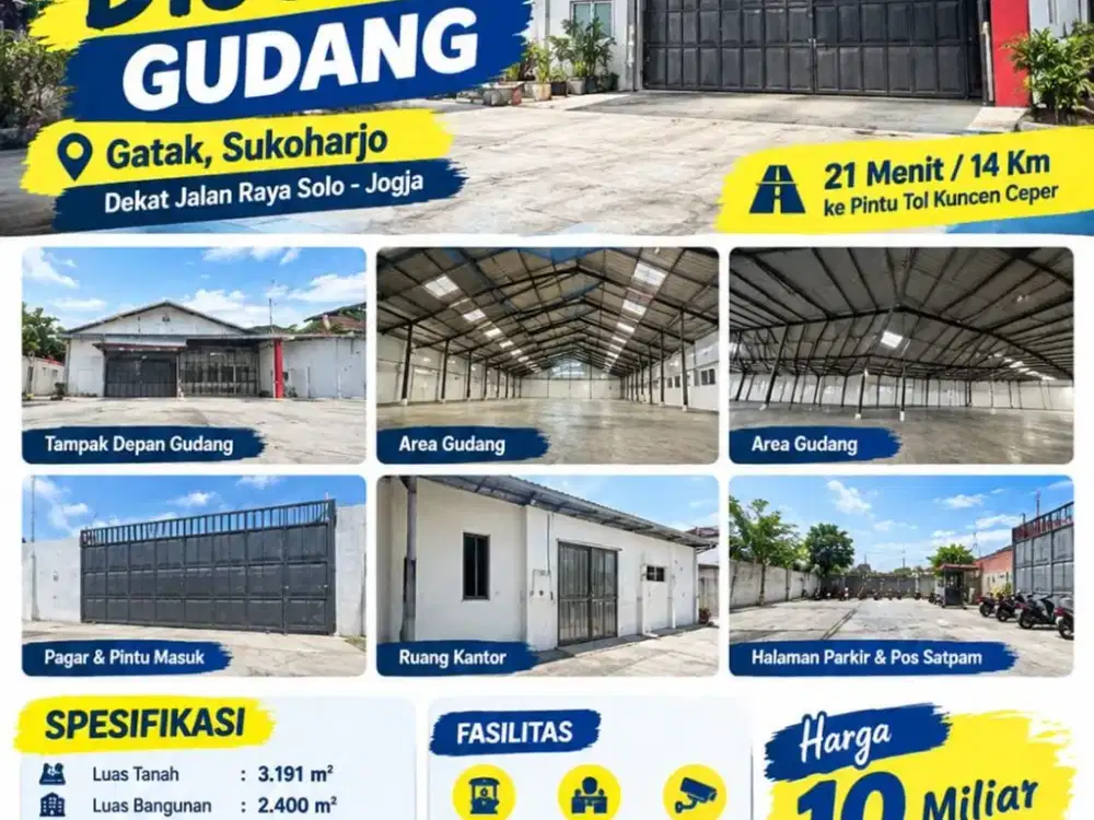 Dijual Gudang Zona Industri Lokasi Super Strategis Gatak, Sukoharjo Luas 3191m2