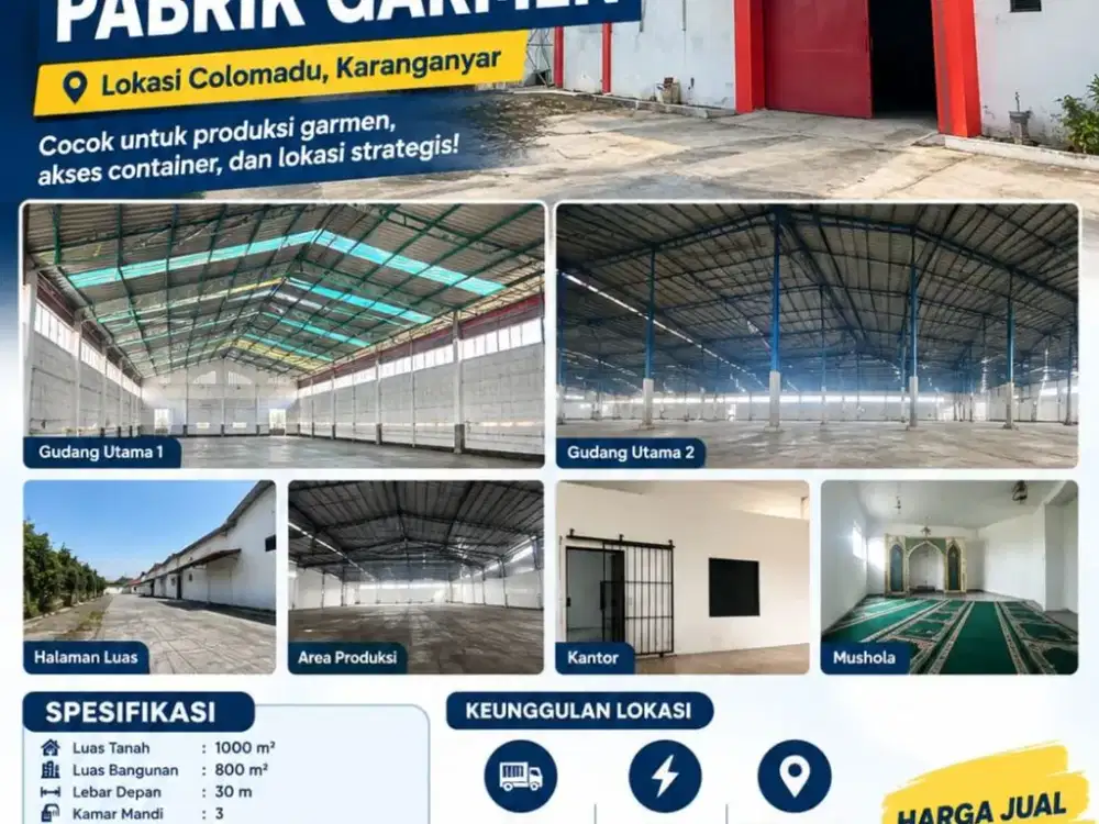 Dijual Gudang Zona Kuning Lokasi Colomadu Karanganyar Luas 1000m2
