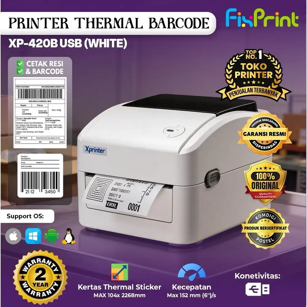 ￼FixPrint Printer Label Thermal Resi XP402B USB Only White
