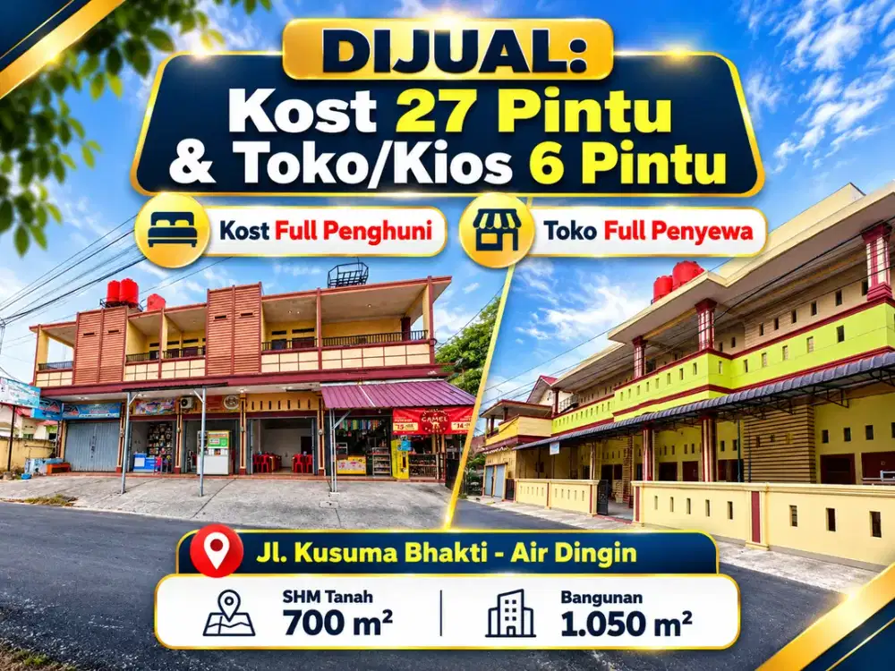 DIJUAL Rp5,5 M — KOST 29 PINTU + 6 UNIT TOKO/KIOS FULL PENGHUNI & PENYEWA | DEKAT KAMPUS UIR PEKANBARU