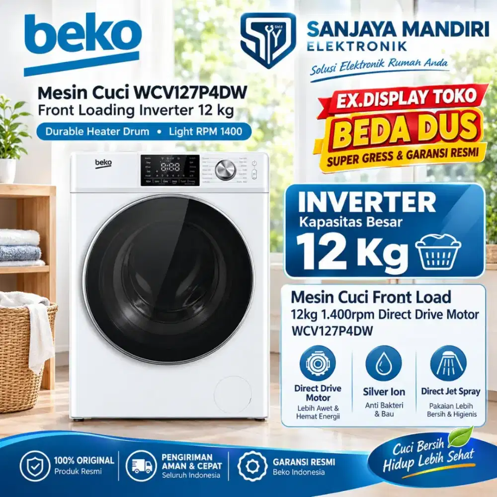BEKO Mesin Cuci WCV127P4DW Front Loading INVERTER 12 Kg WCV127P4DW