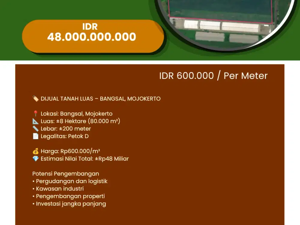 For Sale/Dijual Tanah LT 8 Hektar Bangsal Mojokerto Jawa Timur