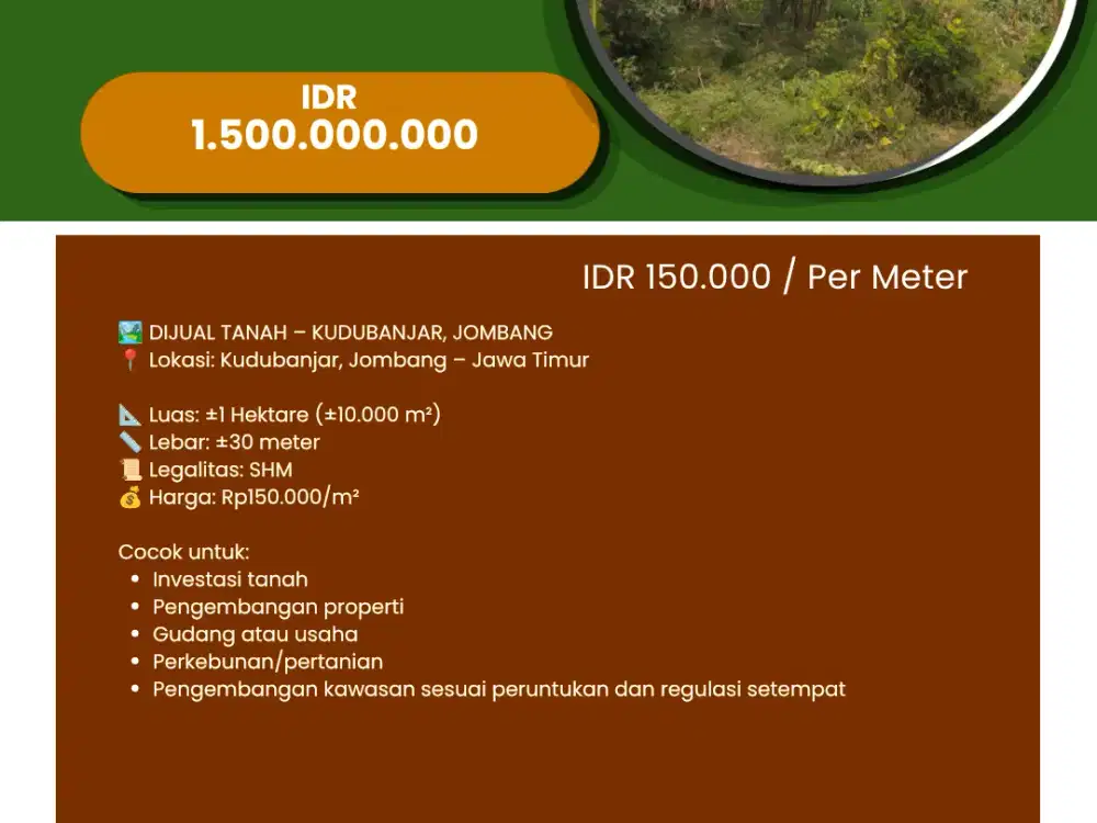 For Sale/Dijual Tanah 1 Hektar  Kudubanjar, Jombang