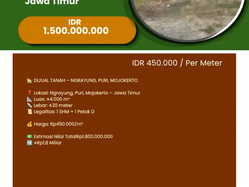 For Sale/Dijual Tanah LT 4000 Mtr Ngrayung Puri Mojokerto Jawa Timur
