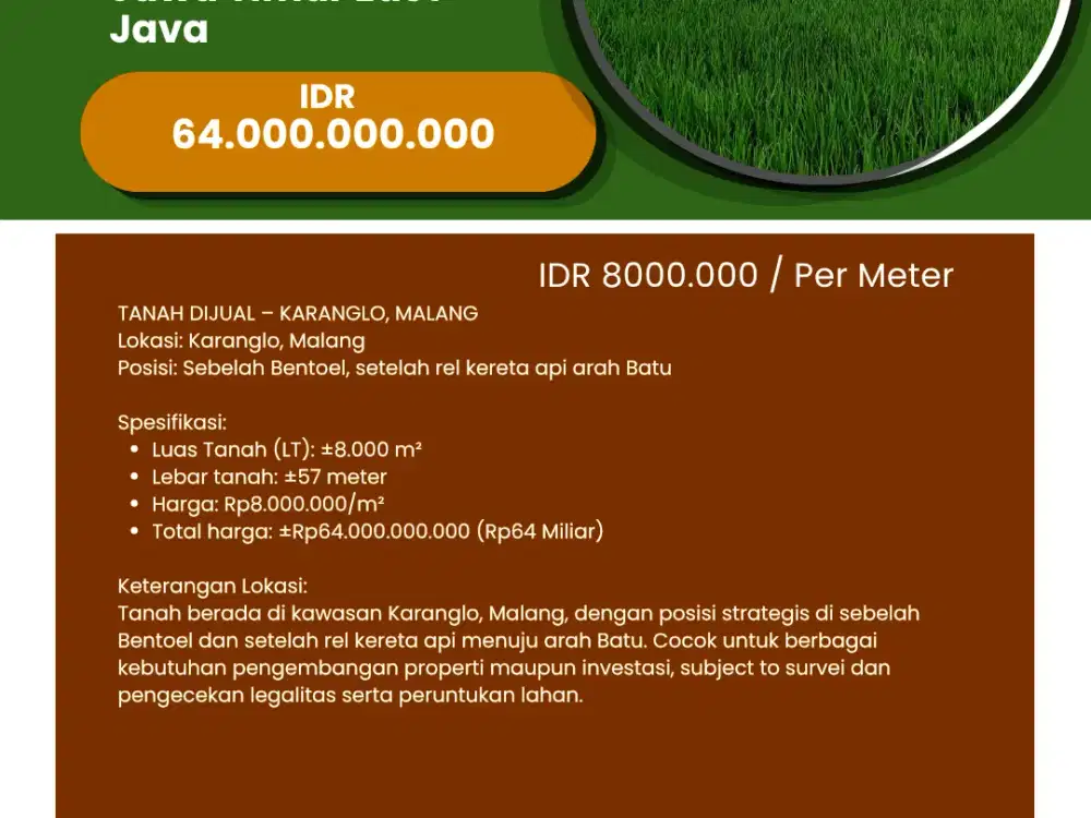 For Sale/Dijual Tanah LT 8000 Meter Karanglo Malang Jawa Timur East Java