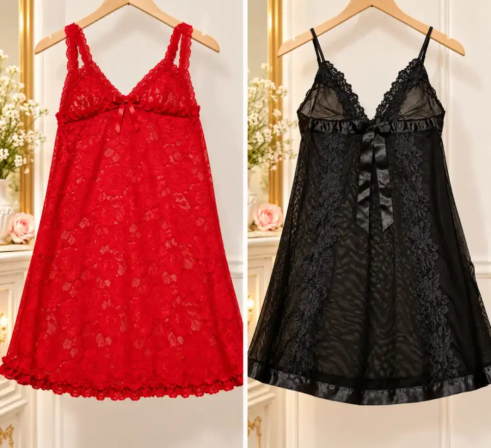Lace Satin Nightdress – Black & Red