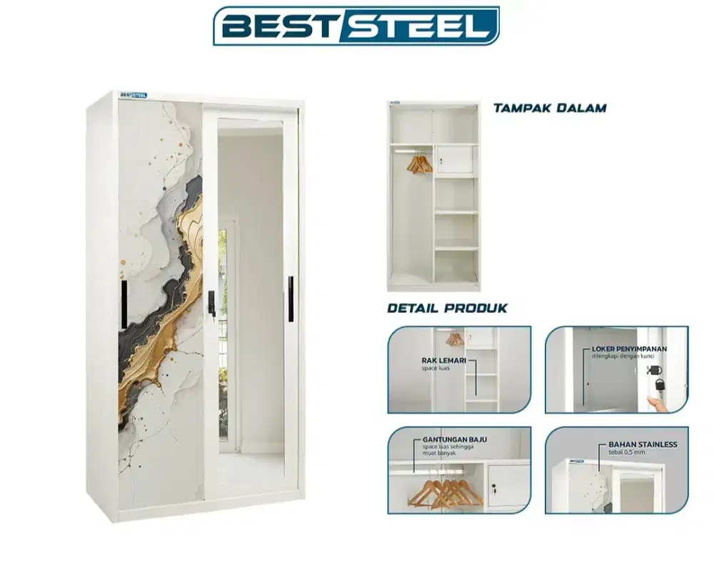 Lemari pakaian 2 pintu plat besi tebal 0,6 mili sliding