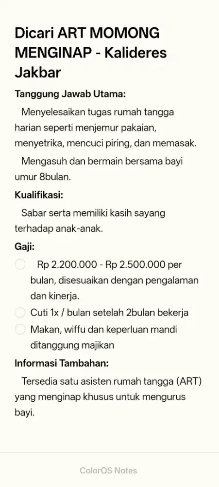 Dicari ART MOMONG MENGINAP - Kalideres Jakbar