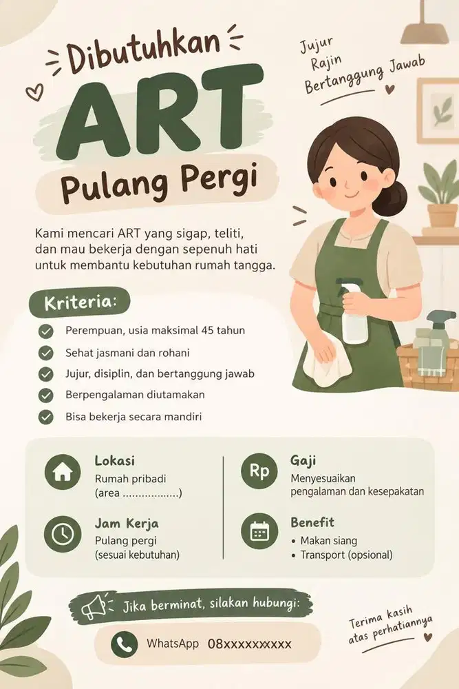Dicari ART Pulang Pergi