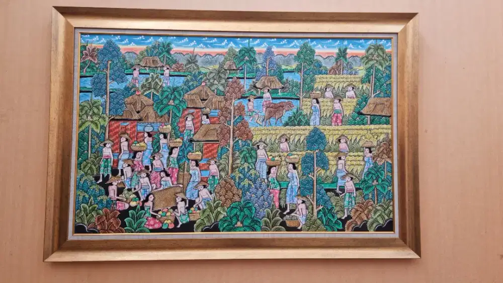 Lukisan Bali Besar 135×85 cm – Panen & Kehidupan Desa