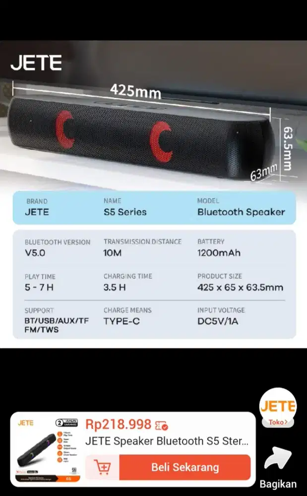 Speaker bluetooth JETE S5 , kondisi mulus dan suara OK