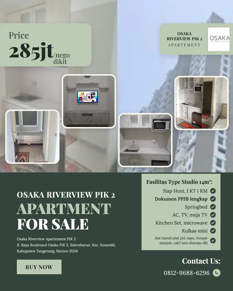 DIJUAL Apartemen Osaka Riverview PIK 2 — Studio 14m² Full Furnished, P