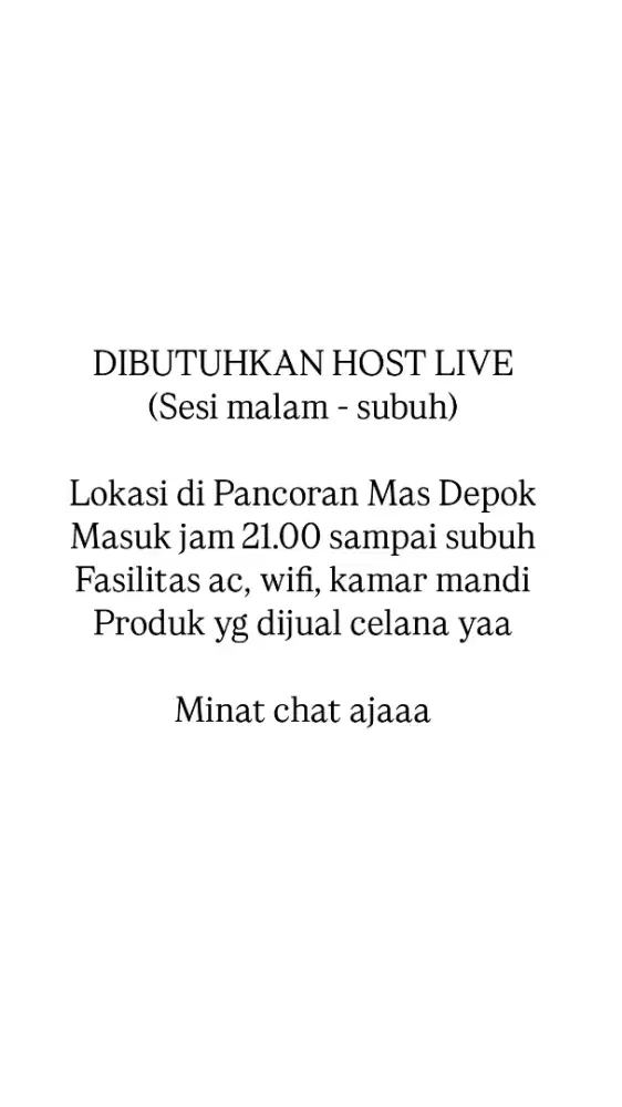 DIBUTUHKAN HOST LIVE STREAMING