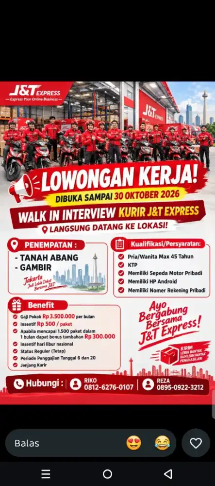 Di butuhkan kurir delivery motor area tanah abang