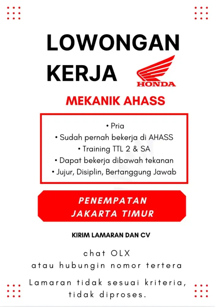 Lowongan Kerja Mekanik AHASS