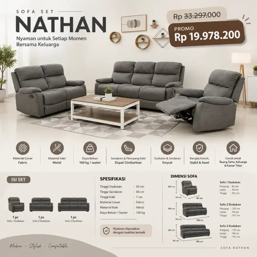 Sofa Set Recliner 1+2+3 Dudukan - Sofa Ruang Tanu