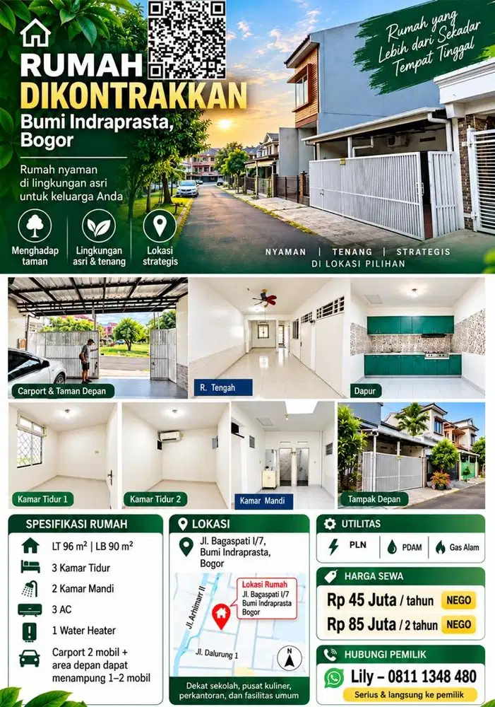 RUMAH DIKONTRAKKAN – LOKASI STRATEGIS DI BUMI INDRAPRASTA, BOGOR