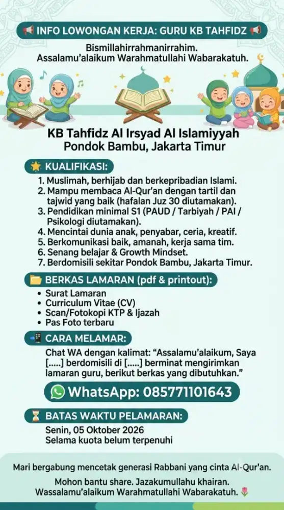Lowongan Kerja Guru Kelas KB Tahfidz - Pondok Bambu Jaktim