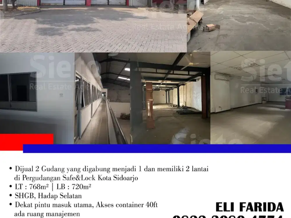 Dijual 2 Gudang yang digabung menjadi 1 dan memiliki 2 lantai di Pergudangan Safe&Lock Kota Sidoarjo