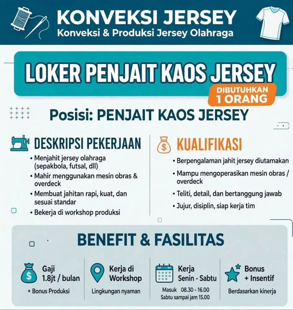 BUTUH CEPAT PENJAHIT JERSEY FULLTIME (PARTIME JUGA BOLEH)