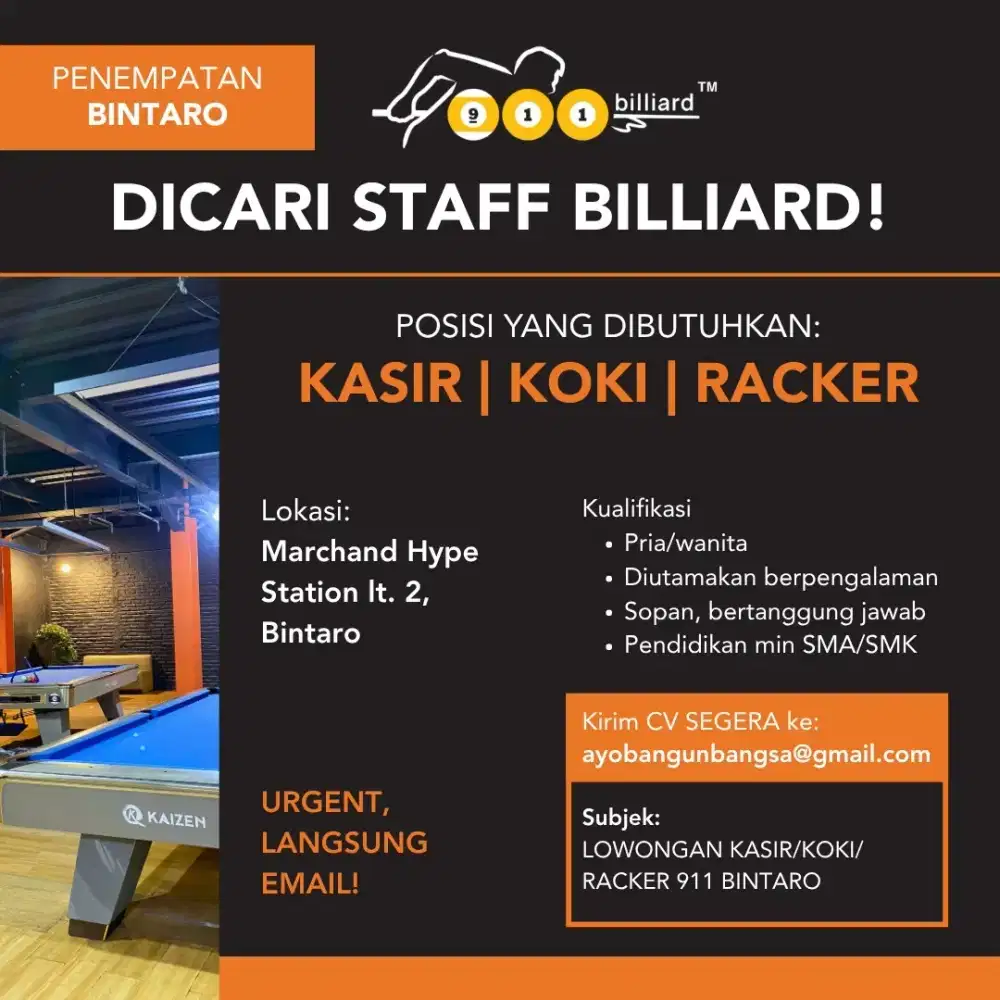 Lowongan Kasir/Koki/Racker 911 Billiard Bintaro