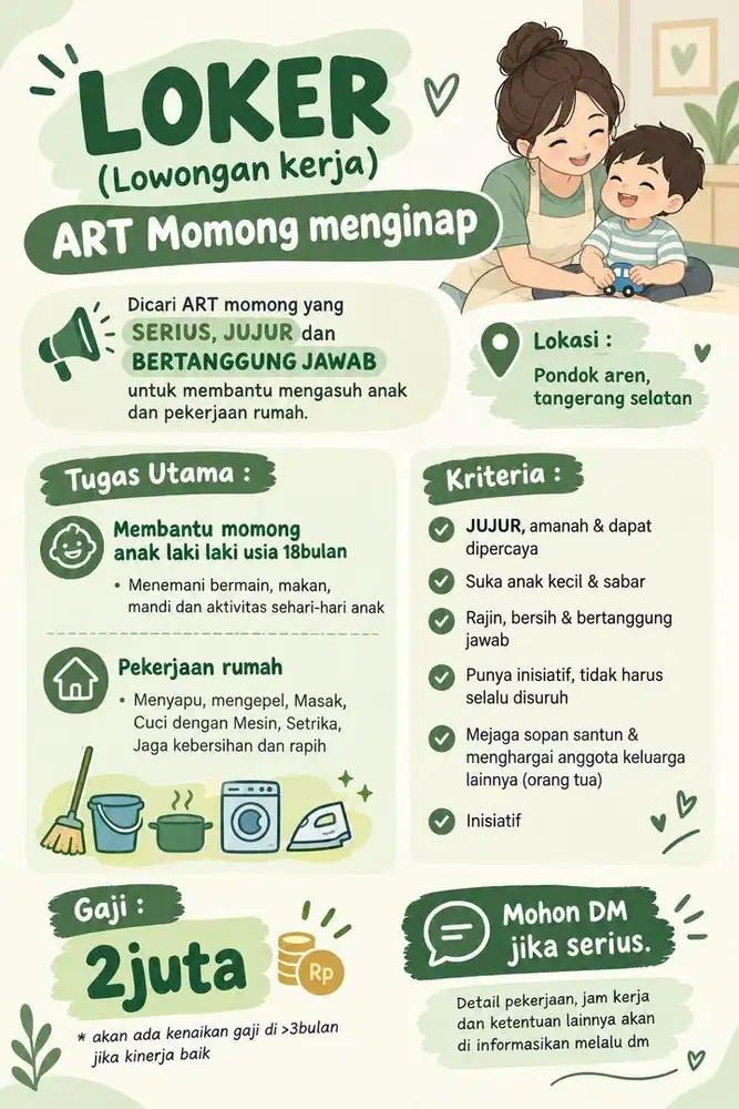LOKER (lowongan kerja) ART Menginap momong
