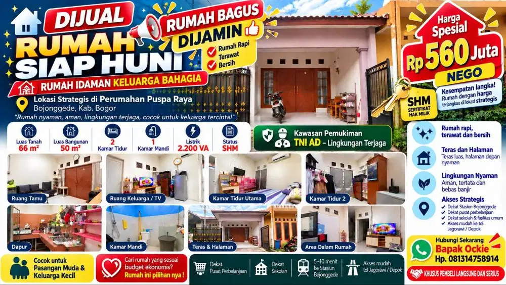 Rumah TERAWAT 2 KT Siap Huni Puspa Raya Bojonggede, SHM 560 Juta(Nego)