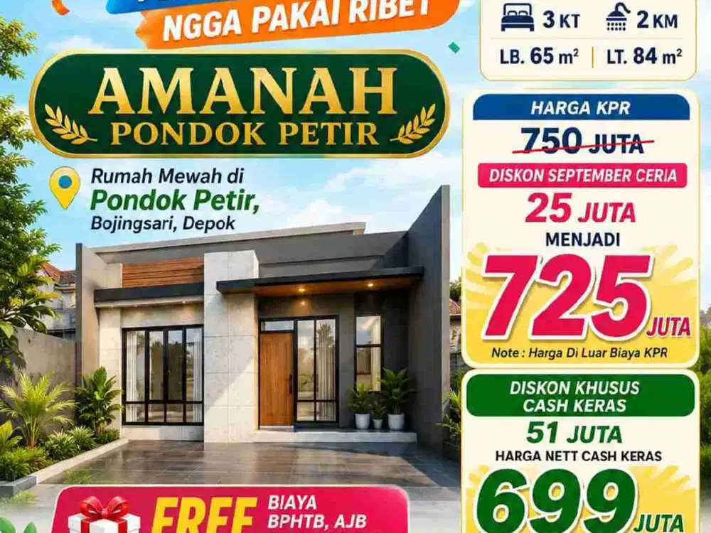 Rumah Ready 3 Kamar Tidur 600jtan di Pondok Petir, Bojongsari, Depok