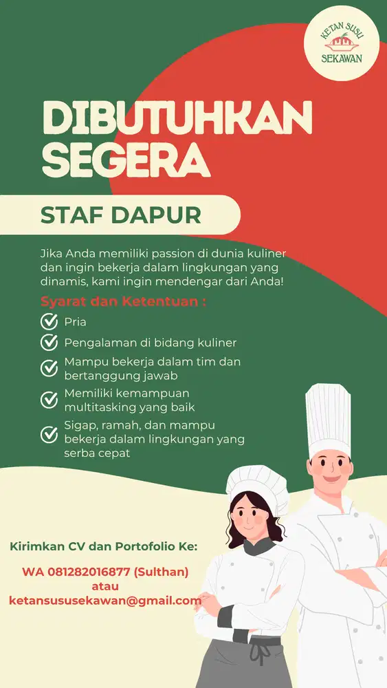 Dibutuhkan segera kitchen staff/staff dapur/cook helper