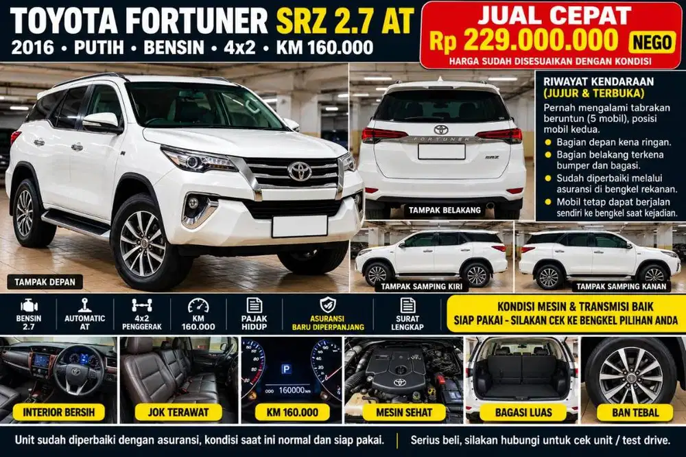 Jual Toyota Fortuner SRZ 2.7 AT 2016 Putih KM 160.000