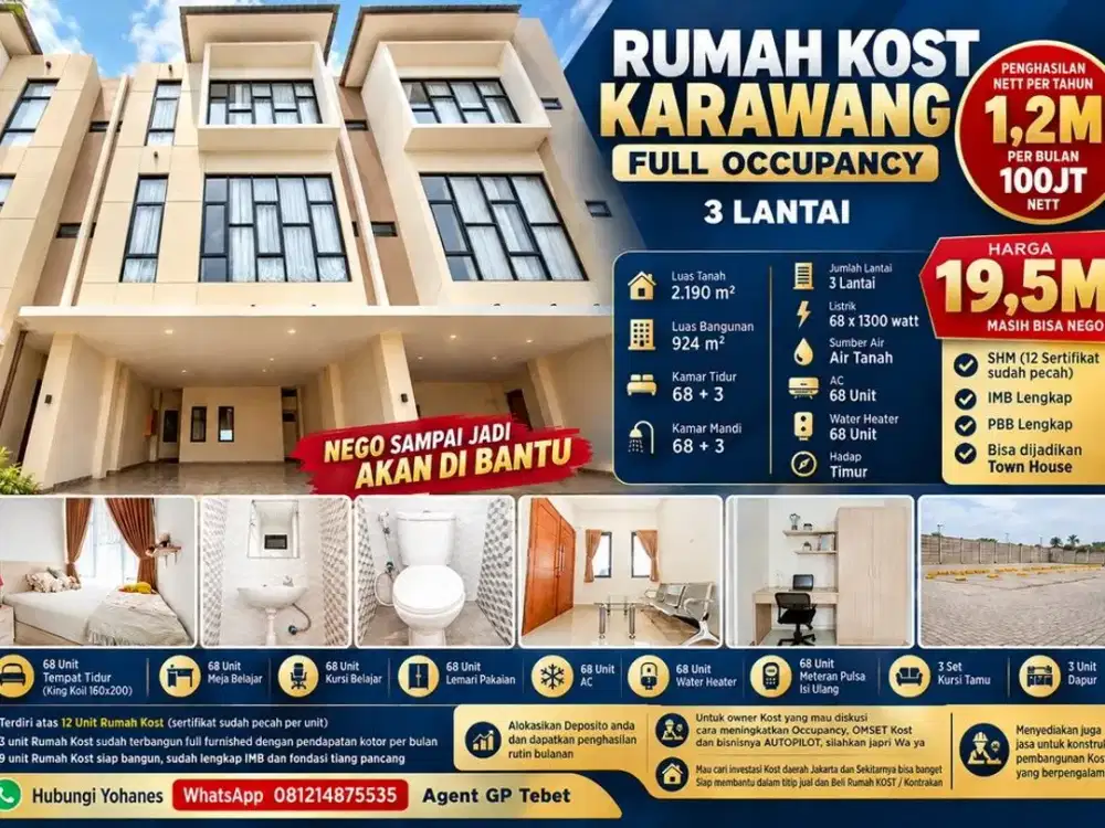 Rumah Kost Karawang Full Occupancy Omset 78jt Per Bln 3 Lantai