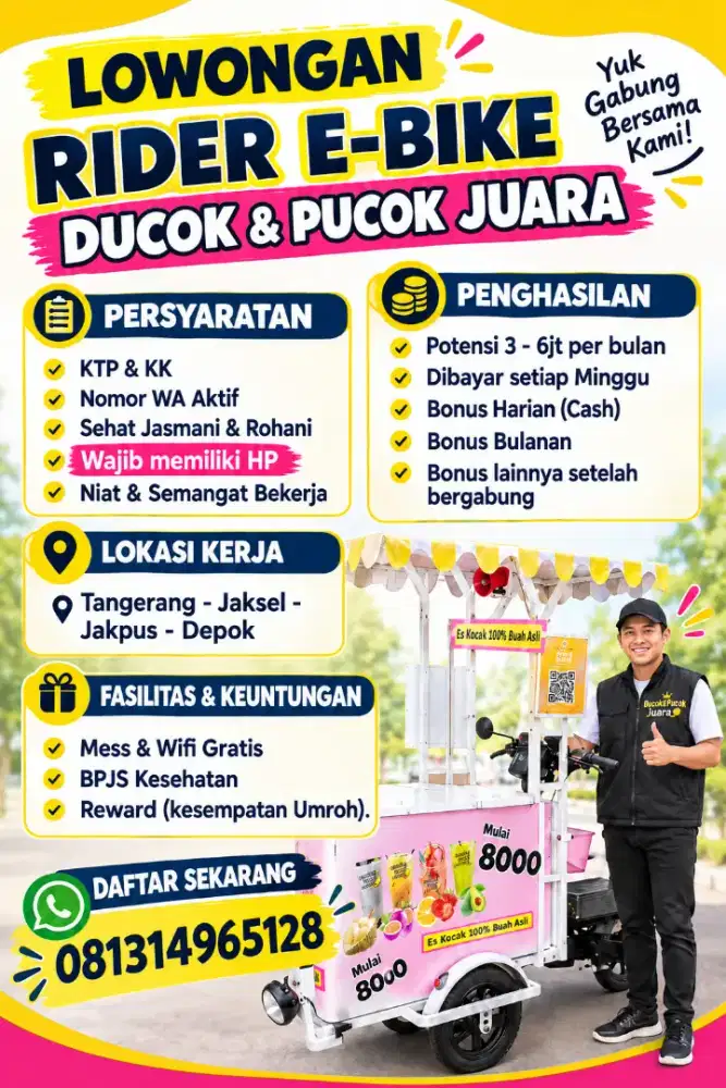 Lowongan Kerja Rider E-bike Ducok & Pucok Juara
