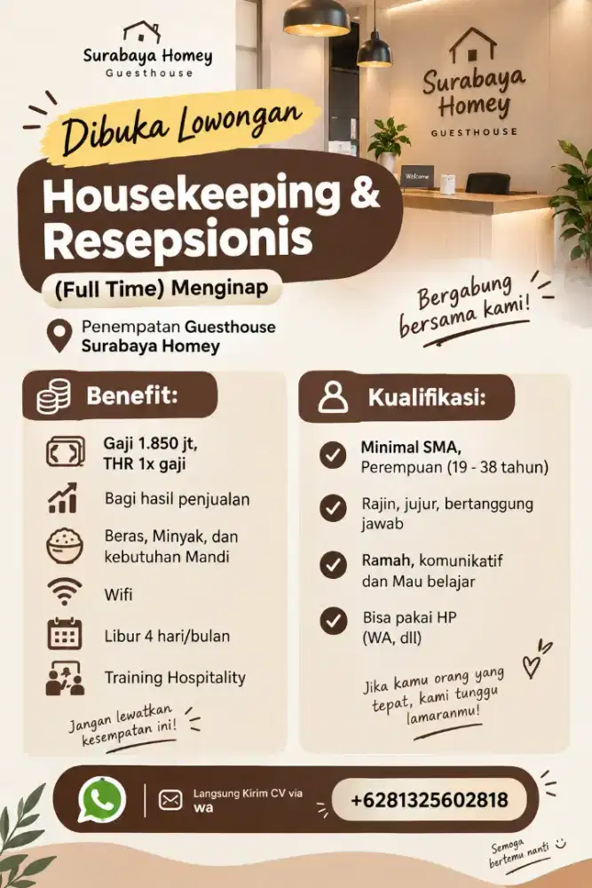 Lowongan Kerja Housekeeping & Resepsionis