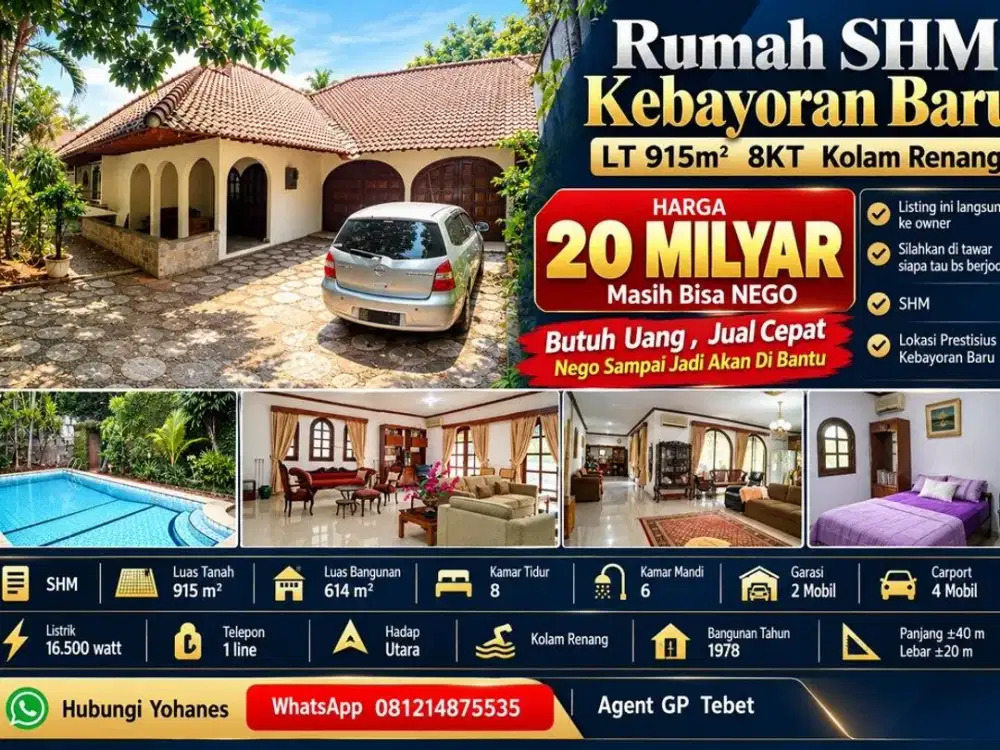 Rumah SHM Kebayoran Baru LT 915m² 8KT Kolam Renang