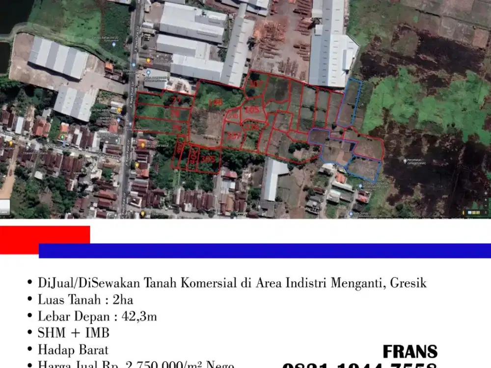 DiJual/DiSewakan Tanah Komersial di Area Indistri Menganti, di Kab Gresik