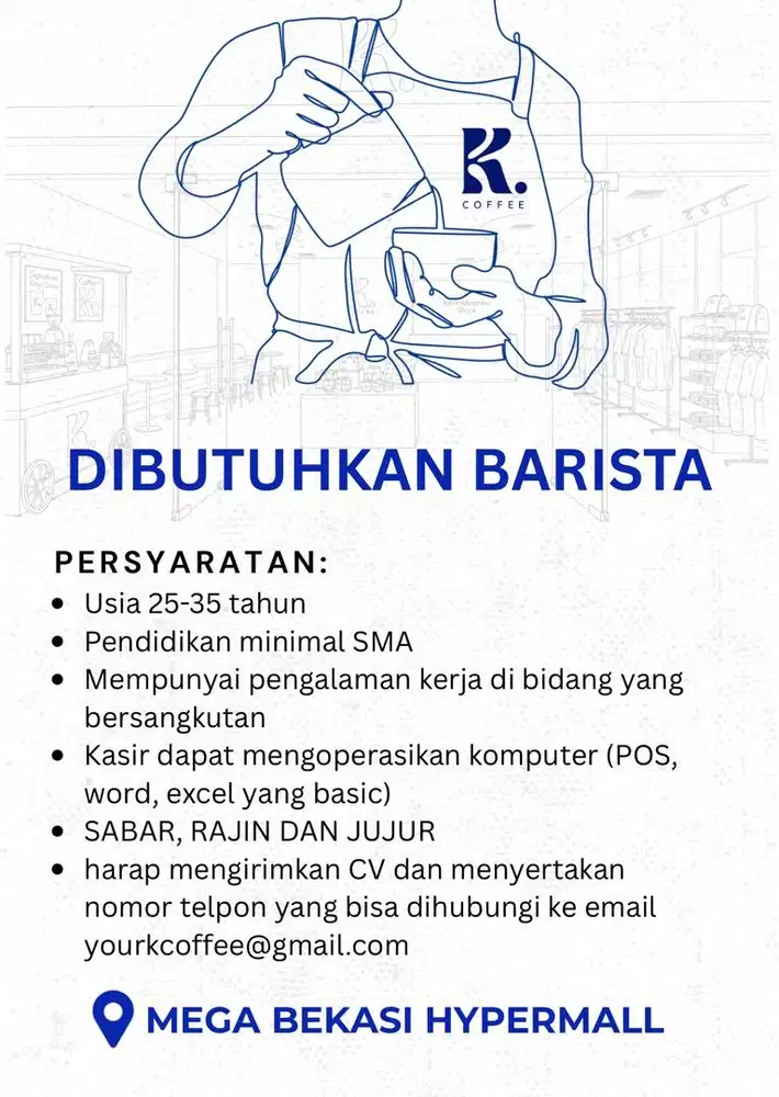 DICARI BARISTA (BISA MENGOPERASIKAN MESIN KOPI DAN POS)