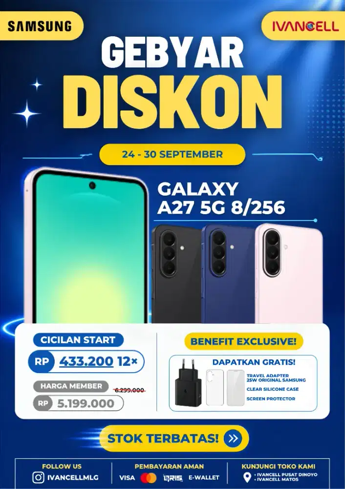 SAMSUNG A27 HARGA TERMURAH
CICILAN 400K BUNGA RENDAH SYARAT KTP SAJA