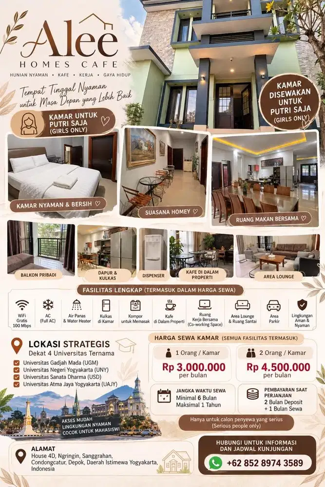 Kamar tersedia untuk disewa hanya untuk wanita