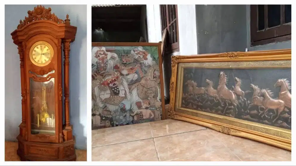 lemari jam kayu jati,lukisan barong bali dan hiasan dinding 8 kuda