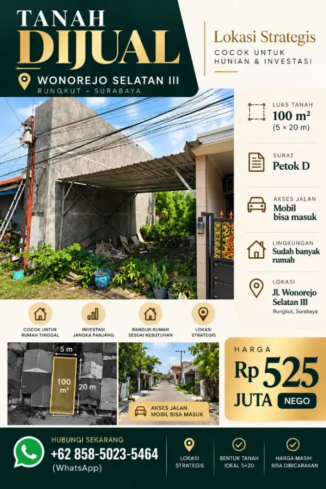 DIJUAL TANAH 5×20 M SURABAYA – 100 M², AKSES MOBIL.