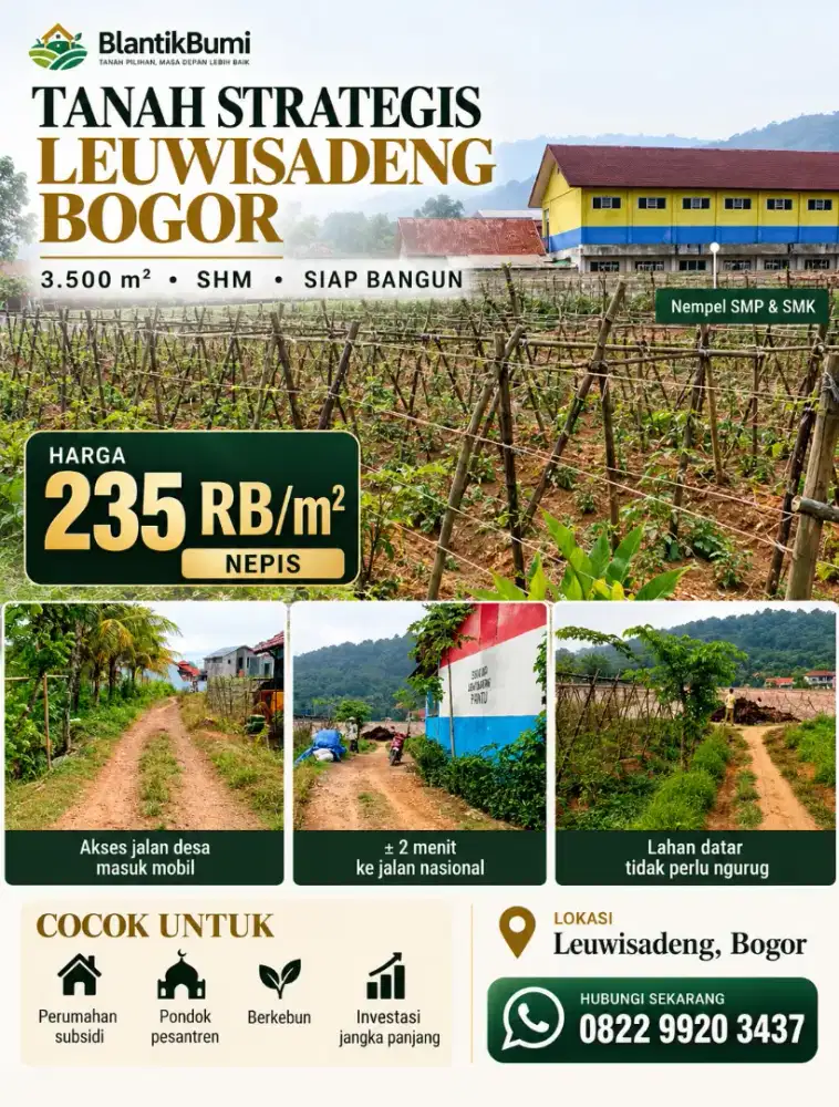 TANAH STRATEGIS LEUWISADENG BOGOR
3.500 m² | SHM | 235 RB/m² NEPIS