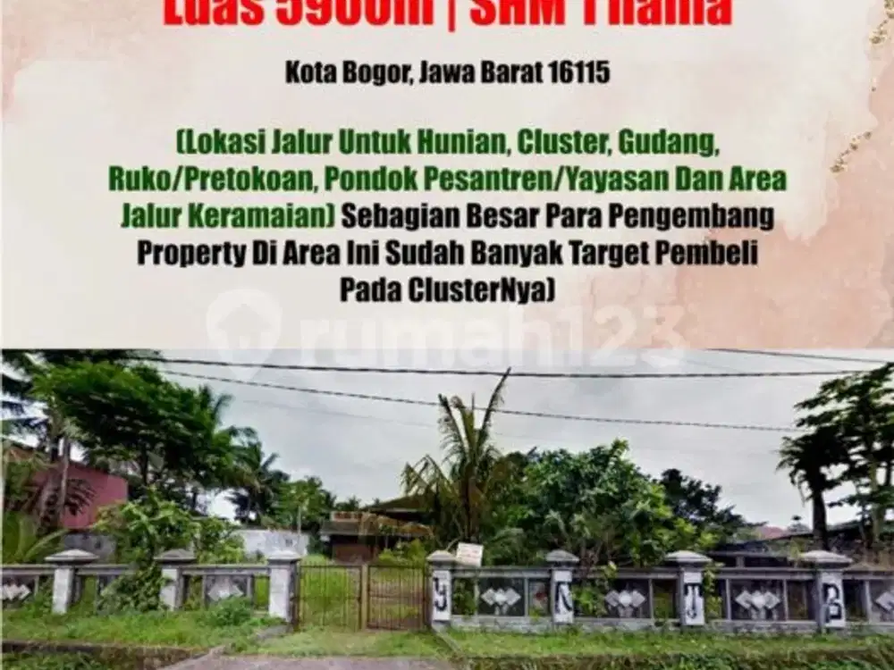 Tanah Luas 5.900 Mtr Dekat Yasmin Bogor Jawa Barat.