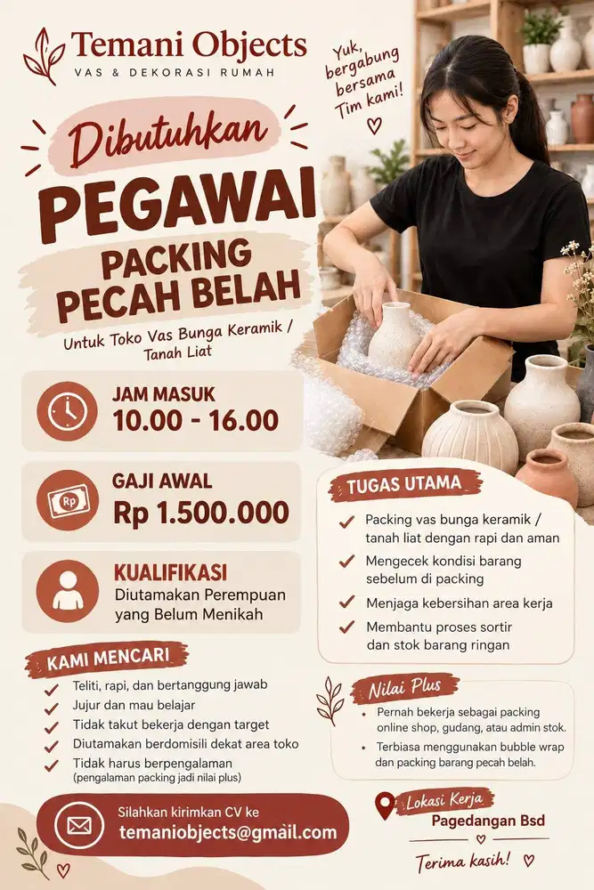 Dicari Tim Packing untuk packing Barang Dekorasi ( Pecah Belah)