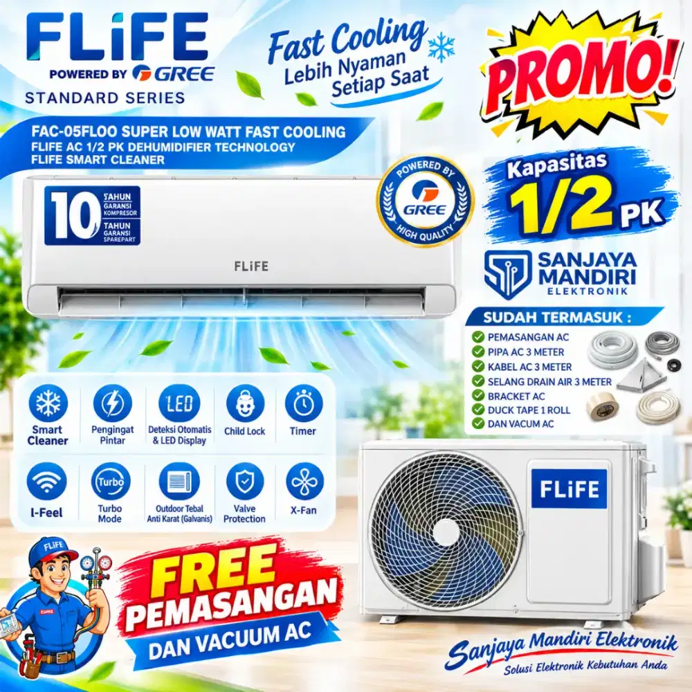 FREE PASANG!AC FLIFE By Gree 1/2 PK FAC-05FLOO  LEDDisplay SelfCleaner