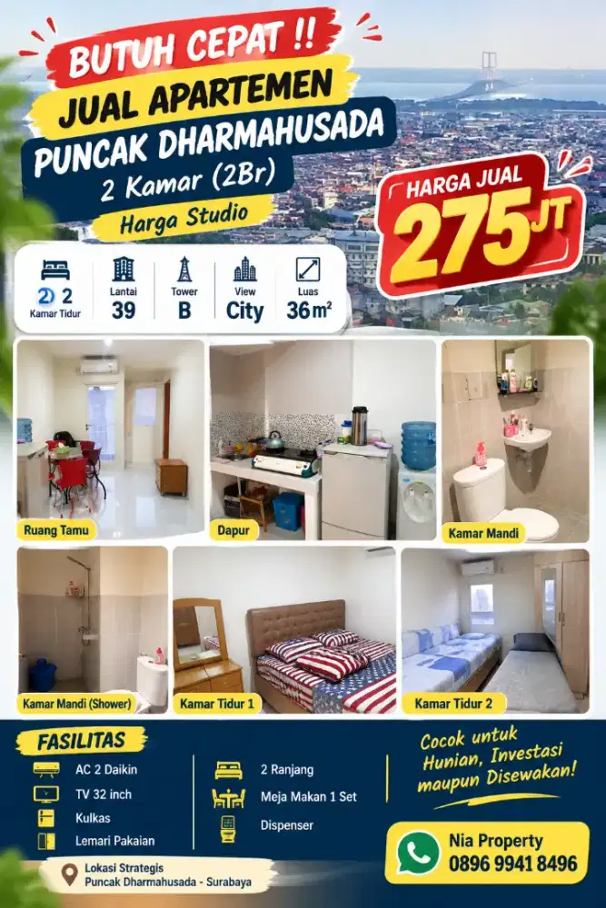 BUTUH CEPAT JUAL APARTMENT PUNCAK DHARMAHUSADA 2BR SBY TERMURAH