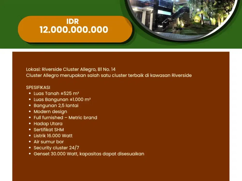 For Sale/Dijual Rumah Riverside Cluster Allegro Malang Jawa Timur
