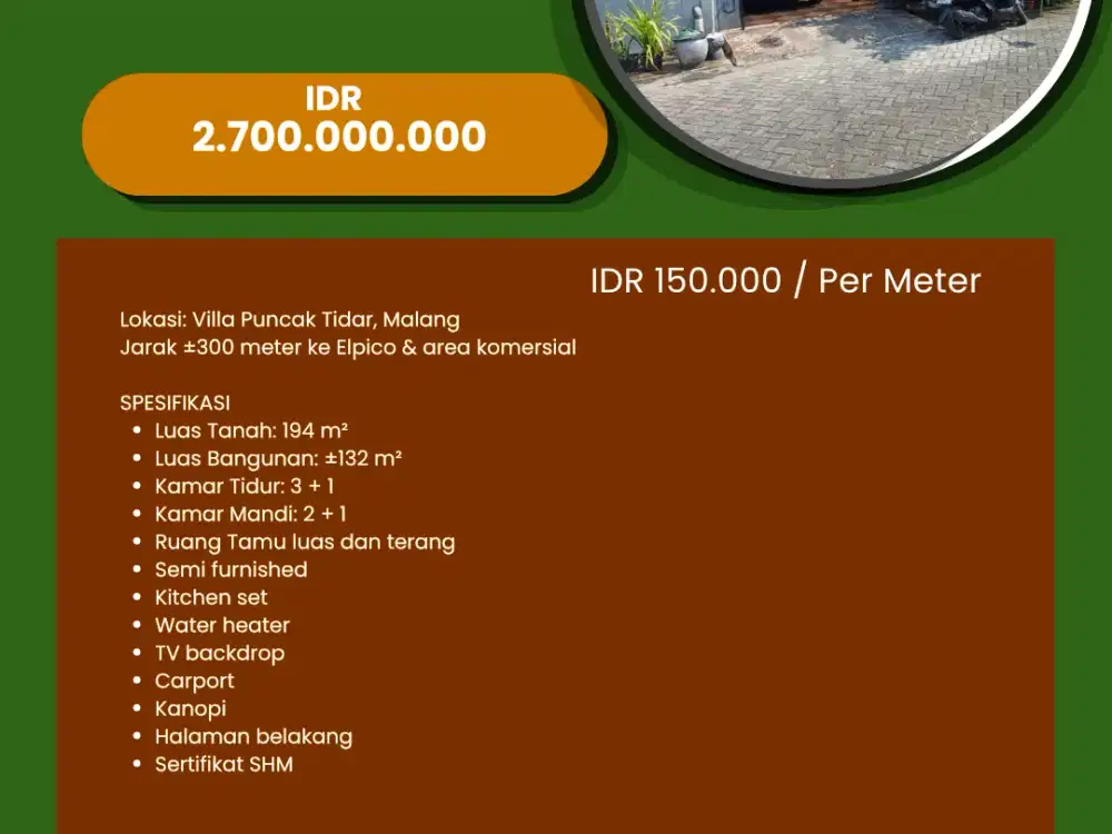 For Sale/Dijual Rumah Villa Puncak Tidar Malang Jawa Timur