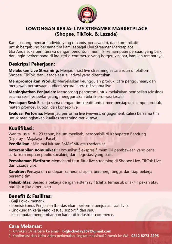 Lowongan Kerja Host Live Shopee Tiktok Lazada